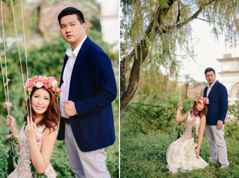 cuckoo cloud concepts david and jaja enchanted engagement session wooden swing lush greens pink flowers-28